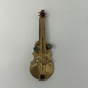 Antique Violin Brooch‎ Gold Tone C-Clasp Treble Clef Music Pin w/ Rhinestones